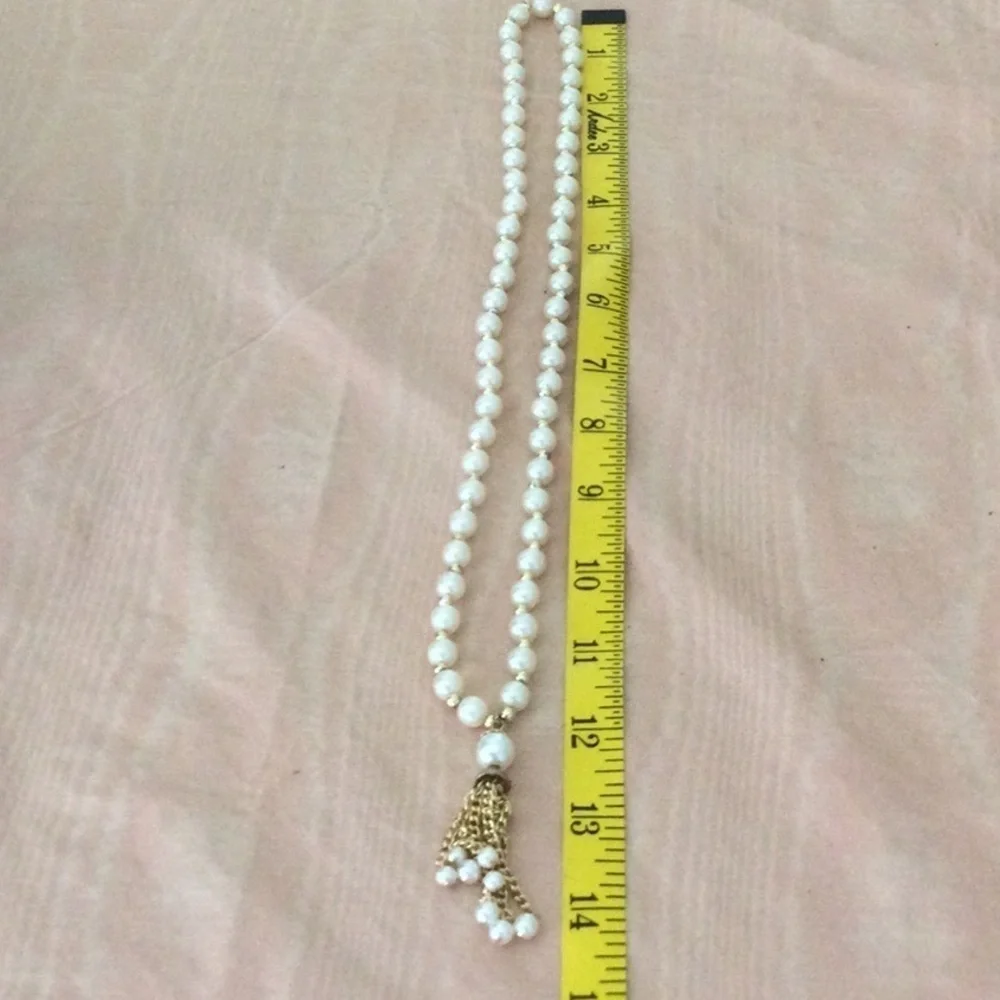 Vintage Pearl & Gold Color Beaded Necklace goes over the head pearls not real.